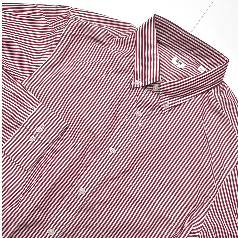 Uniqlo Mens Burgundy White Striped Button Down Shirt Long Sleeve Size M